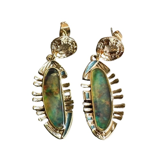 Gold and Green Abstract Drop Earrings - Picture 3 of 5